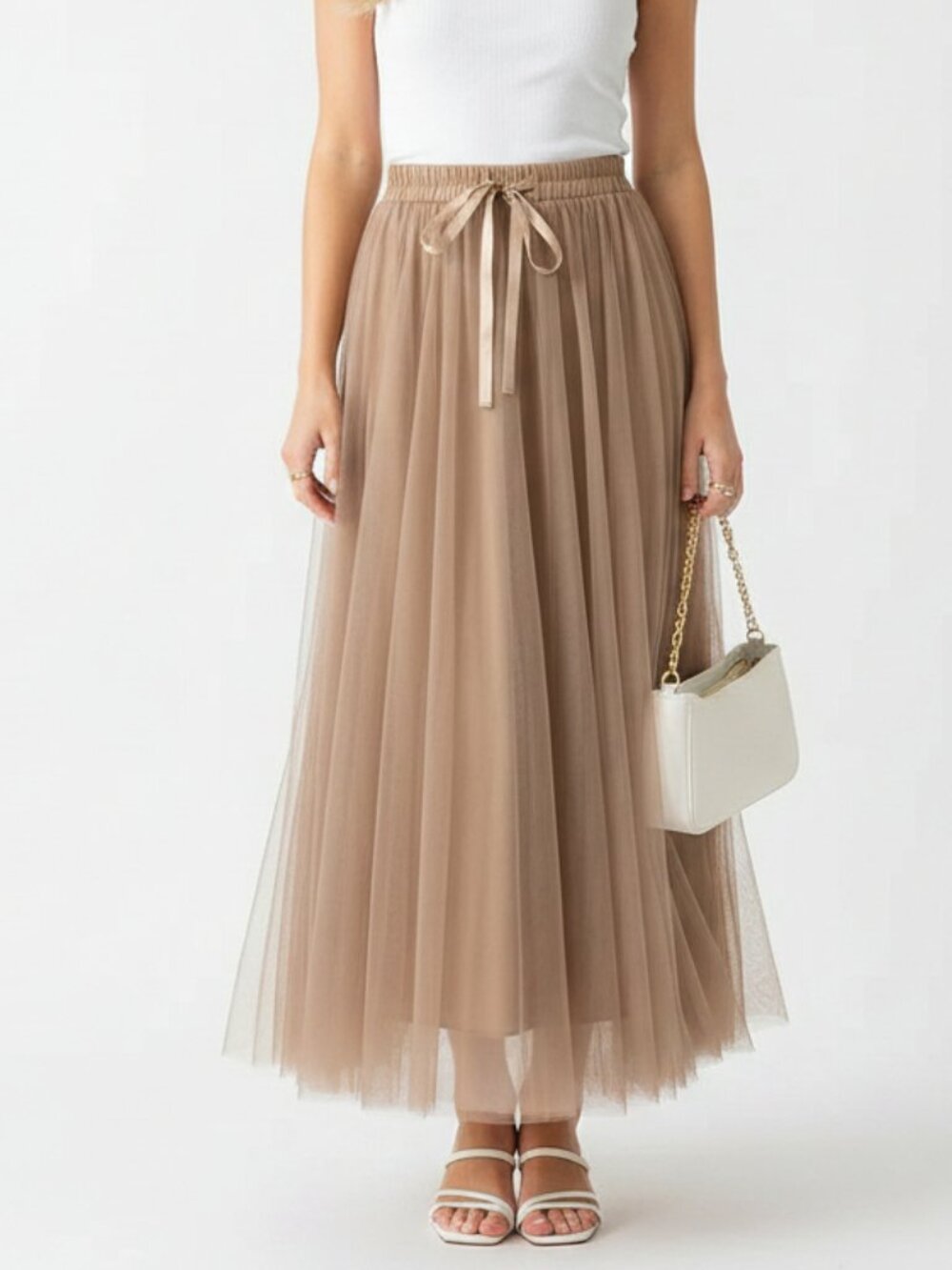 Elan Tan Tulle Tiana Netted A Line Maxi Skirt S